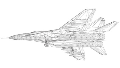 Fototapeta na wymiar Military fighter jet wireframe. Vector art illustration of wireframe airplane. Modern war aircraft. Supersonic speed. 3D..