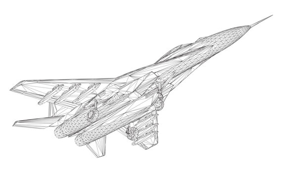 Military fighter jet wireframe. Vector art illustration of wireframe airplane. Modern war aircraft. Supersonic speed. 3D..
