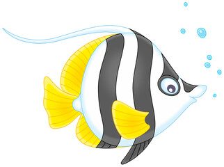 Funny exotic striped butterfly fish of a tropical coral reef, cartoon illustration isolated on a white background