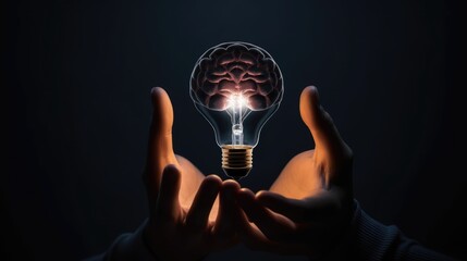 hand is holding a light bulb with a brain close up concept of the idea view Created With Generative AI Technology