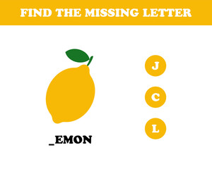 Find the missing letter worksheet for kids, lemon, vector. Lemon, inscription lemon with a missing letter.