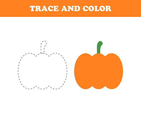 Trace and color worksheet for kids, pumpkin, vector. Pumpkin drawn with a dotted line and colored, the inscription Trace and color.