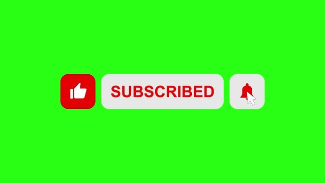 SUBSCRIBE BUTTON ON GREEN SCREEN. Animated YouTube Subscribe Button for Video Overlay. Like Subscribe Bell Notification Button, subscribe to channel. Green Screen, Green Background