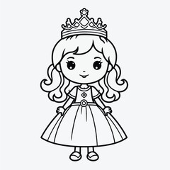 Black and White Princess Illustration: Minimalistic Coloring Page for Kids with Simple Shapes
