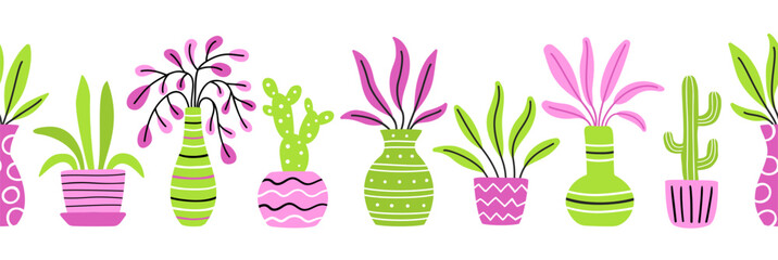 Seamless border of bright colorful potted plants. Home flower growing collection. Green and pink trendy background. EPS 10 vector houseplant hand drawn design flat style illustration.