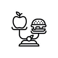 Unbalanced diet: scales with hamburger and apple. Unhealthy food. Vector illustration.