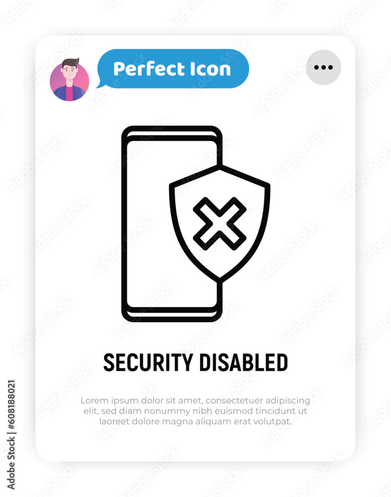 Poster security disabled thin line icon. smartphone with shield with cross mark. vector illustration.