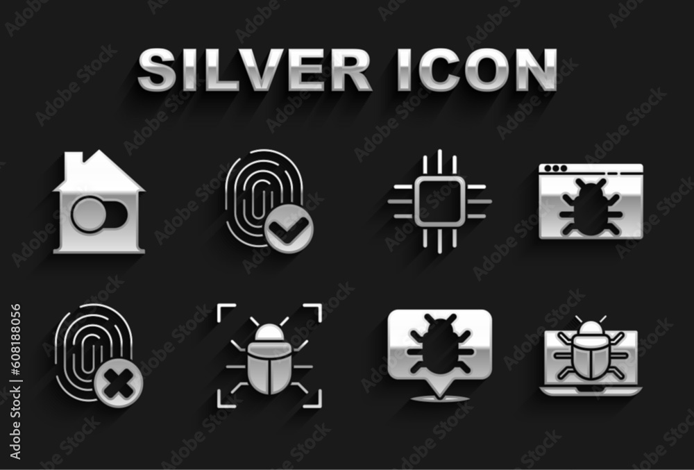 Aufkleber set system bug, on monitor, cancelled fingerprint, processor with microcircuits cpu, smart home and 