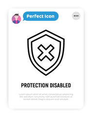 Security disabled thin line icon. Shield with cross mark. Vector illustration.