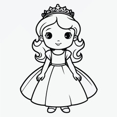 Simple Kids Coloring Page: Flat Vector Illustration of a Cute Princess with Crisp Lines