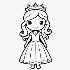 Simple Kids Coloring Page: Flat Vector Illustration of a Cute Princess with Crisp Lines