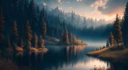 Poster Mistig bos Serene forest reflection in the lake [AI Generated]