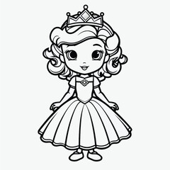 Simple Kids Coloring Page: Flat Vector Illustration of a Cute Princess with Crisp Lines