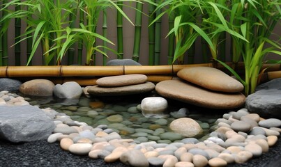 Miniature bamboo forest with decorative stones for relaxation.
