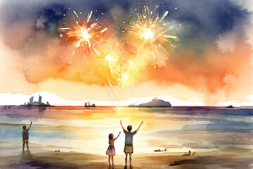 Kids playing with sparklers on a beach at sunset, watercolor style, independence Day Generative AI