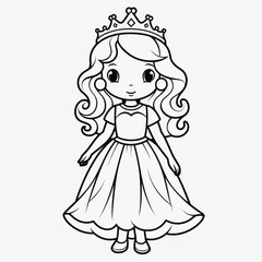 Cute Princess Coloring Page: Full Body Shot with Simple Outline and Shapes for Kids