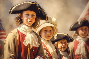 Children dressed as historical figures during a reenactment, watercolor style, independence Day Generative AI