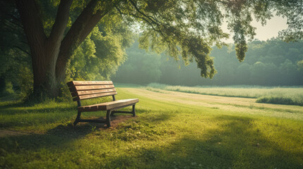 Fototapeta premium Bench in the Shade of a Tree Amidst a Beautiful Idyllic Green Landscape, generative ai