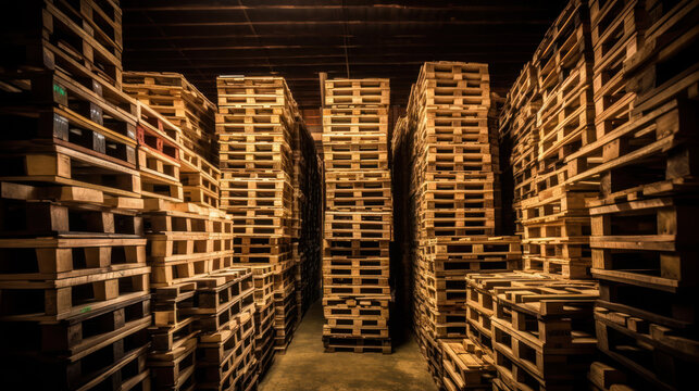 Stacks of Pallets Piled in a Dark Warehouse, generative ai