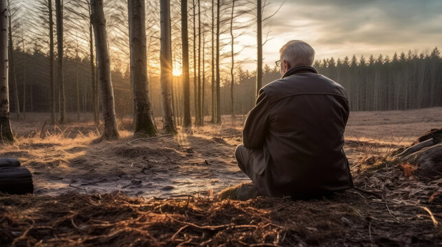 Elderly Man Observing a Forest Where Trees Are Being Felled, generative ai