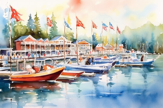 A lakeside celebration with boats decorated with flags and banners, watercolor style, independence Day Generative AI
