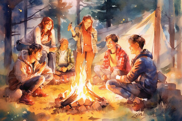 Friends and family gathered around a campfire, sharing stories and laughter, watercolor style, independence Day Generative AI