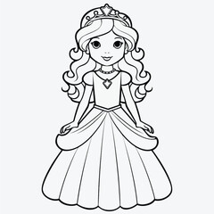 Cute Princess Coloring Page: Full Body Shot with Simple Outline and Shapes for Kids