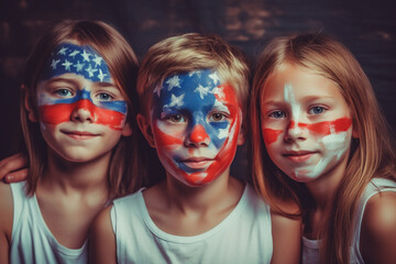 A group of kids painting their faces with patriotic colors, watercolor style, independence Day Generative AI