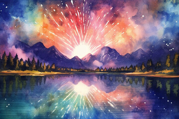 A serene lake surrounded by mountains, with fireworks reflecting on the water, watercolor style, independence Day Generative AI