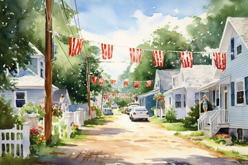 A small town's main street adorned with festive decorations and American flags, watercolor style, independence Day Generative AI