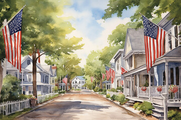 Naklejka premium A small town's main street adorned with festive decorations and American flags, watercolor style, independence Day Generative AI