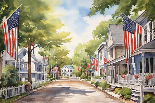 A Small Town's Main Street Adorned With Festive Decorations And American Flags, Watercolor Style, Independence Day Generative AI