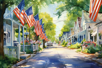 A charming small town's Main Street adorned with patriotic banners and flags, watercolor style, independence Day Generative AI - obrazy, fototapety, plakaty