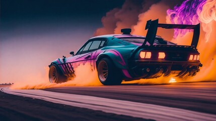A colorful car drifting with smoke coming from the tires in neon ligthing created with Generative AI