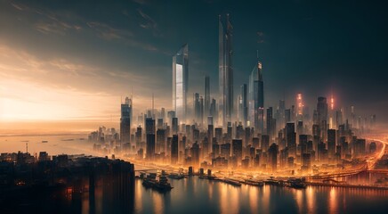 Fototapeta premium Urban landscape with towering buildings [AI Generated]