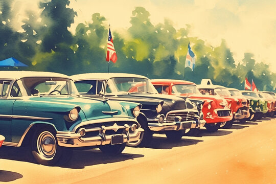 A row of classic American cars lined up at a vintage car show, watercolor style, independence Day Generative AI