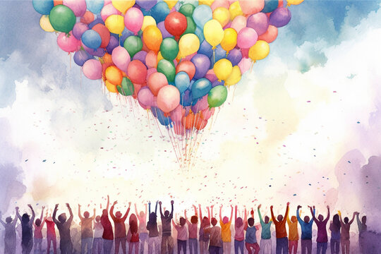 A group of people releasing colorful balloons into the sky, watercolor style, independence Day Generative AI