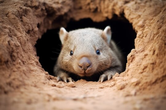 close up of a wombat looking straight out of a hole. Generative AI
