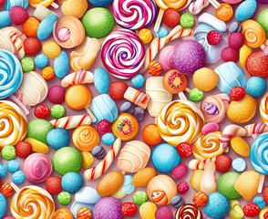 Fototapeta na wymiar Colorful lollipops and multi-colored round candies. View from above.