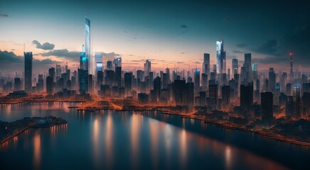 Naklejka na ściany i meble Urban landscape with towering buildings [AI Generated]
