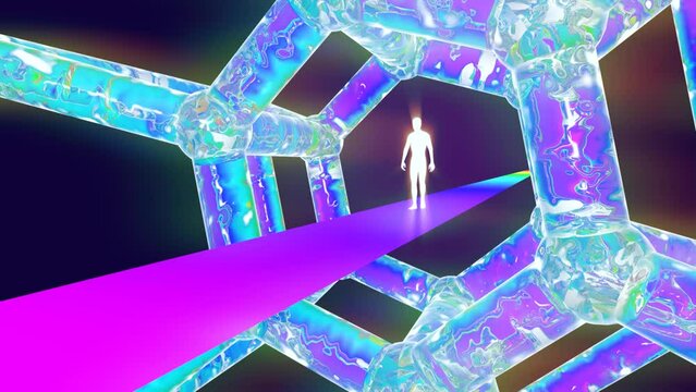 looped 3d animation of hiking along a rainbow path inside a moving 4-dimensional figure