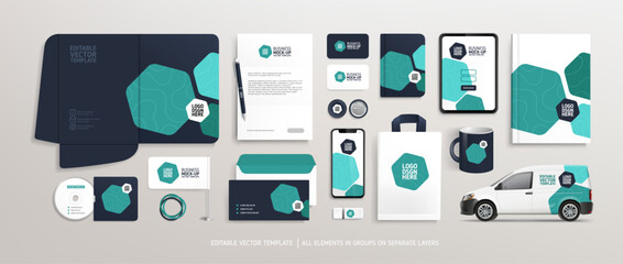 Editable vector Brand Identity concept of stationery Mock-Up set with abstract graphics design. Branding stationery mockup template of File folder, annual report, promotional van car, brochure