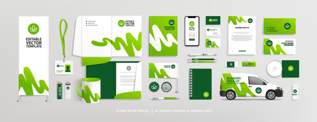 Editable vector Brand Identity concept of stationery Mock-Up set with green and white abstract graphics design. Branding stationery mockup template of File folder, annual report, van car, AD banner - obrazy, fototapety, plakaty