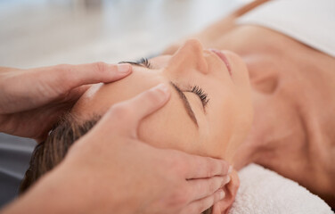 Spa, relax and hands with a head massage for facial wellness, luxury therapy and sleep. Skincare,...