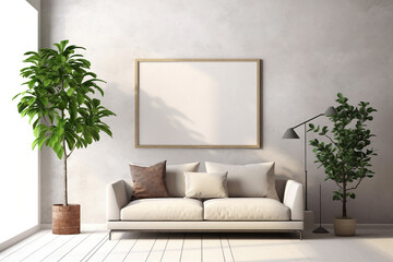Image of a beige sofa in front of a beige wall surrounded by house plants and an empty picture frame above it.