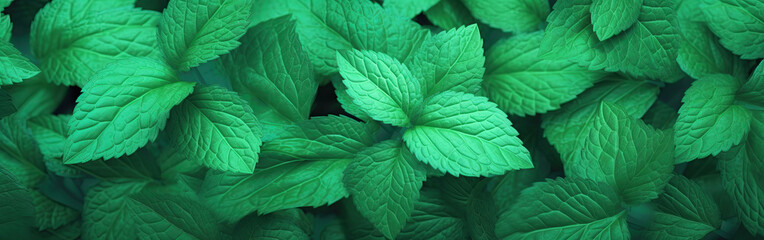 Mint green leaves pattern background, close-up.