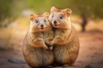 Fototapeta premium Quokkas hugging each other. Generative AI