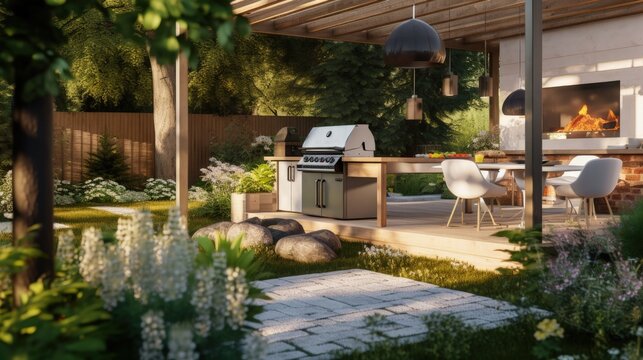 Backyard cozy patio area with wicker furniture set. generative AI image