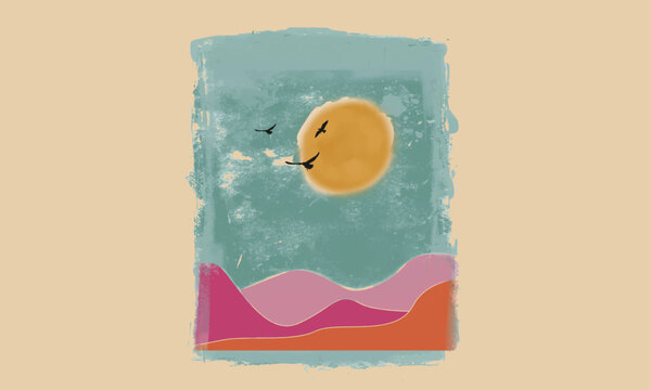 Water color abstract mountain graphic print design for t shirt print, poster, sticker, background and other uses. Sunshine paradise vector design.
