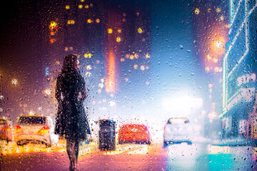 View through glass window with rain drops on blurred reflection silhouette of a girl on a city...